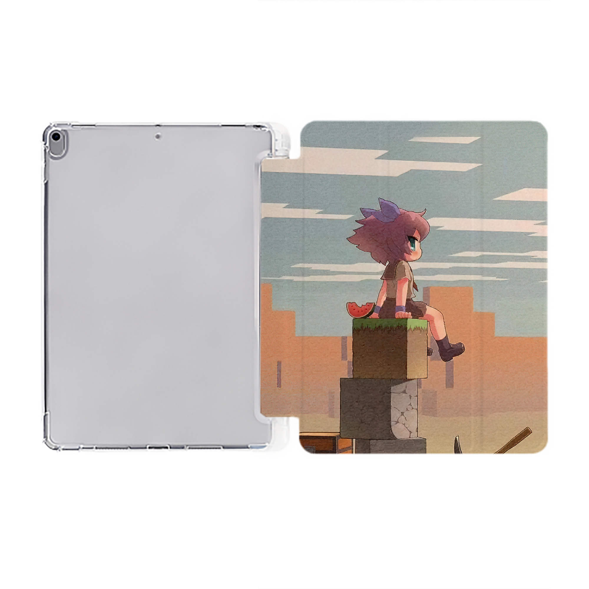 （画像用） マインクラフト ブロックの世界 Minecraft MC Block world IPad ケース ペン収納付き 三つ折りスタンド PUレザー×シリコン 対応機種9.5/10.5/10.9インチ